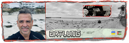 ARTLUNG. photo of Joe at the beach, plus inset picture of Woody Guthrie's hands on his guitar with a signing reading THIS MACHINE KILLS FASCISTS. Plus watercolor flags of Ukraine and Palestine.